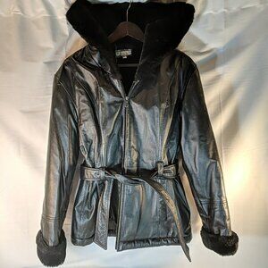 Pelle Leather Coat Faux Fur Lined Hooded Belted Women's S Small Full Zip Black
